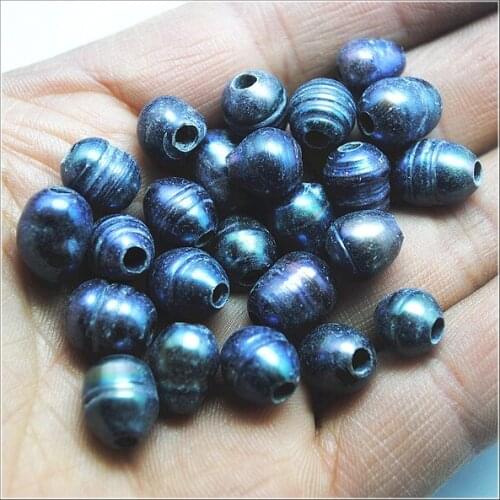 25pcs cultured freshwater pearl beads 9-10mm inner hole diameter 3.0mm rice shape black color for leather bracelets making