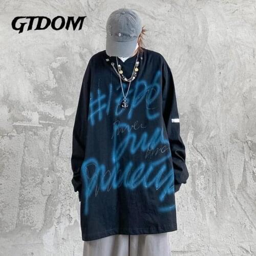 GTDOM Couple Hip Hop Style High Street Autumn 2021 New T-shirt Cotton Hand Drawn Letters Long Sleeve O-Neck Loose Men Clothing