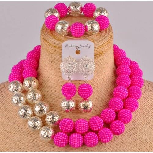 Fuchsia pink costume necklace african beads jewelry set simulated pearl nigerian wedding bridal jewelry sets FZZ91