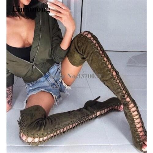 Western Fashion Women Peep Toe Suede Leather Over Knee Stiletto Heel Gladiator Boots Lace-up Army Green Long High Heel Boots