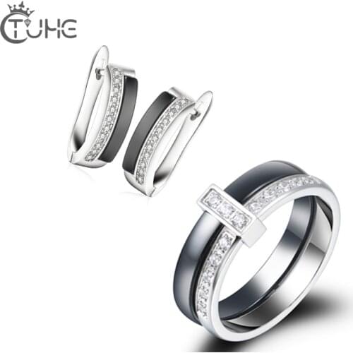 1 Row Crystal Wedding Jewelry Sets Black Ceramic Earring and Rings Sets With Shining Rhinestone For Women Fashion Jewellery Gift
