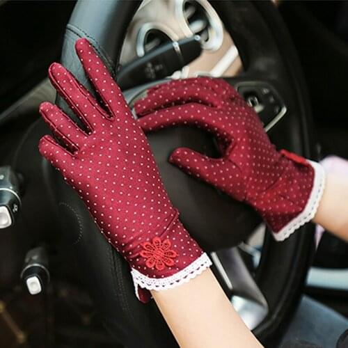 1Pair Dot Print Women Lace Sunscreen Gloves Full Finger Driving Mittens Outdoor Cycling Anti-UV Breathable Summer Short Gloves