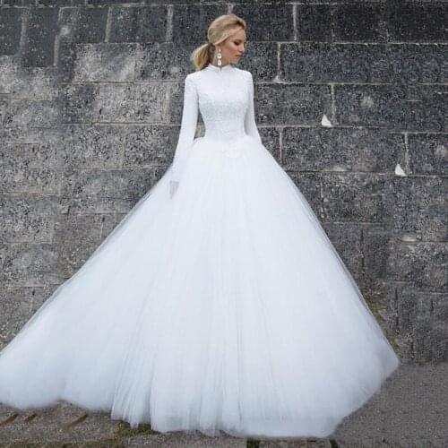 Eightree White Muslim Wedding Dresses Lace Appliques Long Sleeves Ball Gown Tulle Plus Size Garden Bridal Gowns vestido de novia