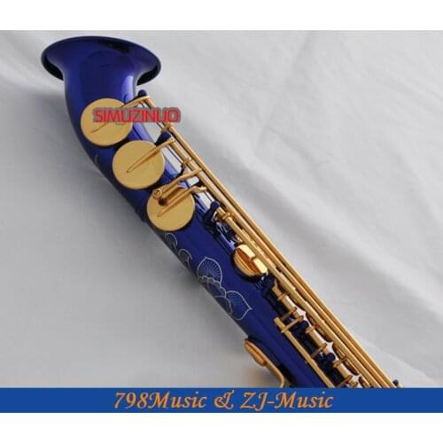 Professional Blue Lacquer and Gold Keys Soprano saxophone sax Curved bell High F# G New