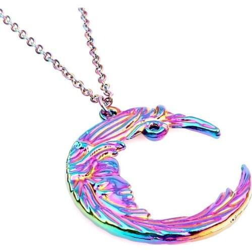 Rainbow Color Alloy Crescent Moon Pendant Necklace Moon Face Choker Charm 50cm Stainless Steel Chain DIY Handmade Jewelry