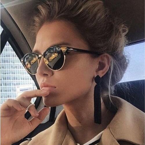 Vintage Round Rivet Sunglasses Women Brand Designer Eyewear Semi-Rimless Female Retro Sun Glasses Elegant UV400 Oculos De Sol