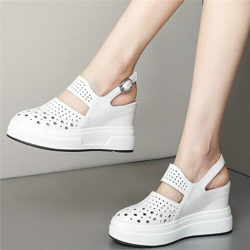 Summer Platform Pumps Women Genuine Leather Wedges High Heel Gladiator Sandals Female Round Toe Fashion Sneakers Casual Shoes