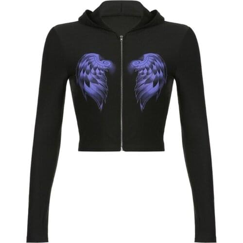 066C Women Goth Punk Long Sleeve Hooded Jacket Harajuku Angel Wing Print Zip Up Black Cardigan T-Shirt Aesthetic Slim Fit Short