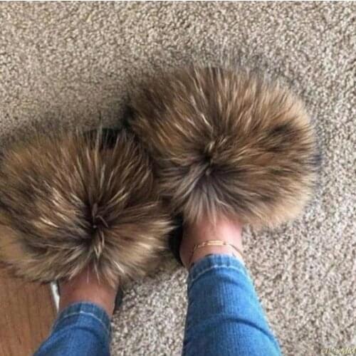 Real Raccoon Fur Slippers Women 2020 Sliders Casual Fox Hair Flat Fluffy Fashion Home Summer Big Size 45 Furry Flip Flops Shoes