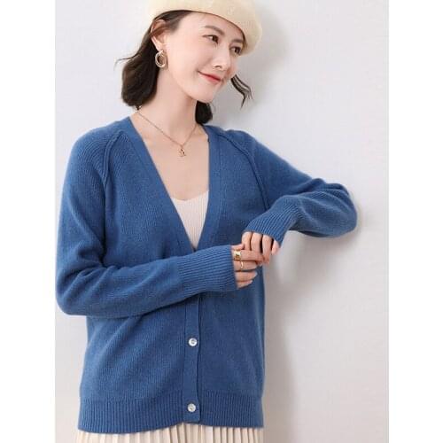 Pure Wool Knitted Cardigan Woman Top, 2021 Spring And Autumn New Style, V-Neck Loose And Versatile Jacket, Soft And Breathable