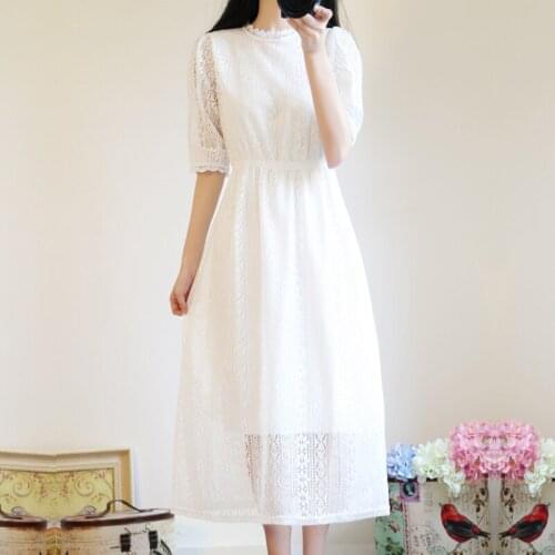 Summer dress womens White Lace dresses Short sleeve Stand collar 2020 Spring New Sweet High Waist Over the knee Female vestidos