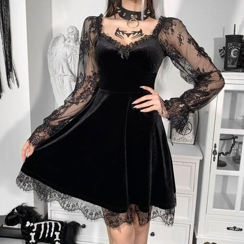 Transparent Sleeve Dress Punk Women Black Dress Vintage Lace Bandage Gothic Fall Dresses For Women 2021 Robe Femme Платье