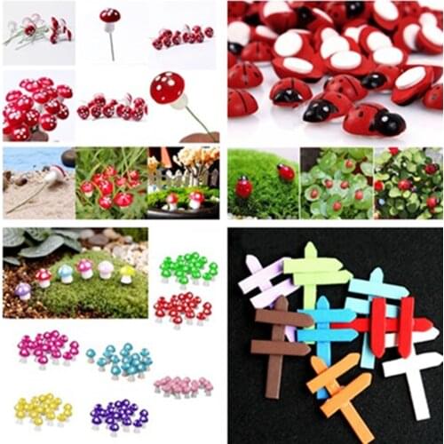 10Pcs/lot Kawaii Mushroom Ladybug Sign Board Signboard Mini Fairy Garden Animal Statue Miniature Resin Craft