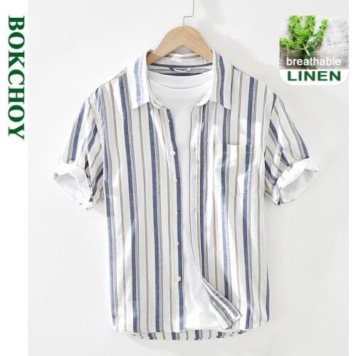 2021 Summer and Spring New Men Thin Cotton Linen Shirt Youth Art Fresh Striped Short Sleeve Workwear Green Blue Top GD-2738