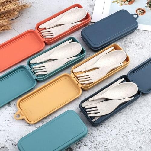 4pcs Wheat Straw Cutlery Portable Removable Children Dinnerware Box Knife Fork Spoon Chopsticks Student Tableware Sets