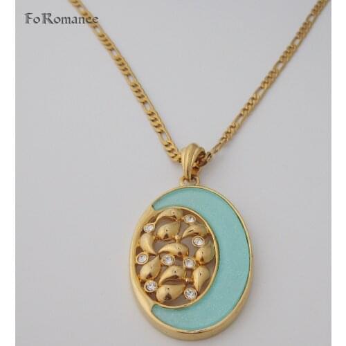 FoRomance / YELLOW GOLD GP 24" FIGARO NECKLACE & OVAL SHAPE CZ STONES BLUE ACRYLIC STONE FLOWER PENDANT UNIQUE HANGS 59 MM 2.3"