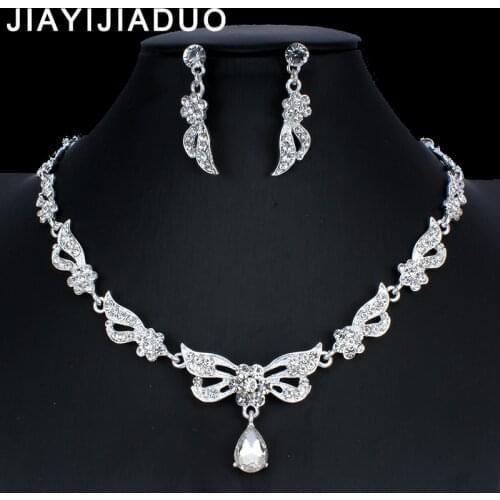 Jiayijiaduo Womens Wedding Jewelry Set Silver Color Crystal Necklace Earrings Set Girls Banquet Dress Gifts dropshipping NE+EA