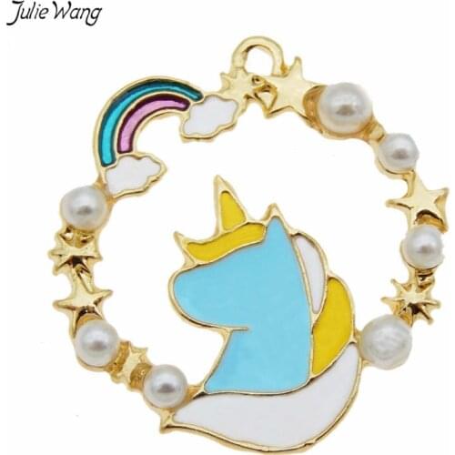 Julie Wang 8pcs/lot Blue Enamel Unicorn With Pearl charms Pendant Jewelry Necklace Making Bracelet Earring Accessories