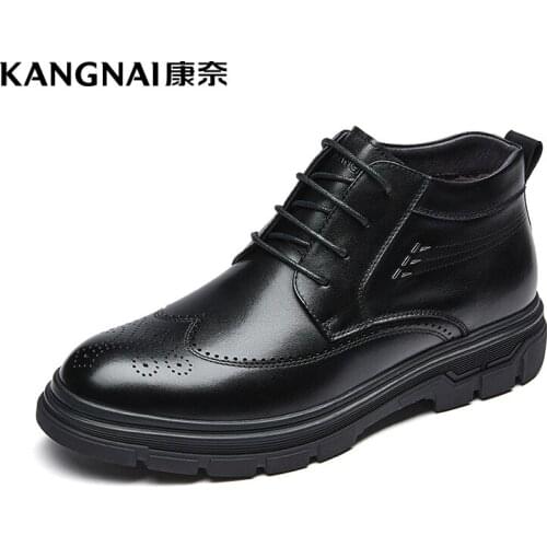KANGNAI Men Leather Boots Lace-Up British Brogue Business Formal Ankle Boots Comfortable Female Winter Warm Shoes