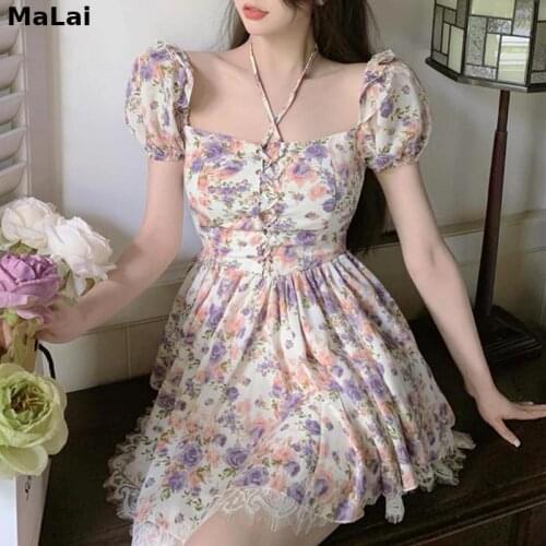 Kawaii Summer Dress Puff Sleeve French Vintage Women Casual 2021 Bandage Mini Elegant Floral Party Korean Style Fairycore Dress