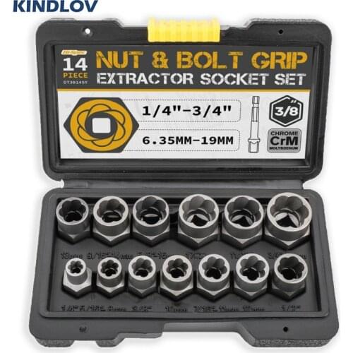 KINDLOV 14 Pcs Extractor Socket Set 38 Inch Damaged Nut Bolt Grip 6.35mm-19mm CR-MO Screw Bit Kits Sockets Repair Hand Tools