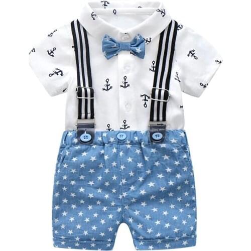 Summer Baby Boys Gentleman Clothing Cotton Baby Sets Bow Shirt Children Outfits Suits White Printed Shirt + Blue Stars Shorts