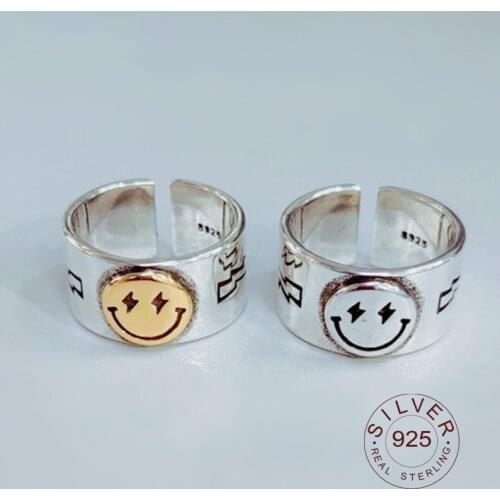 Sweet Happy Smiley Face Lightning Stamp Tibetan Couple Rings Big Large Retro Vintage Golden Gothic Women Jewelry Rings