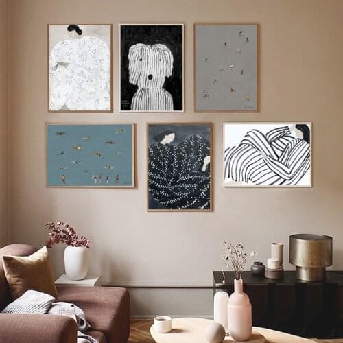 Minimalist Abstract Lines Woman Dog Swim Wall Art Canvas Painting Nordic Posters And Prints Wall Pictures For Living Room Decor