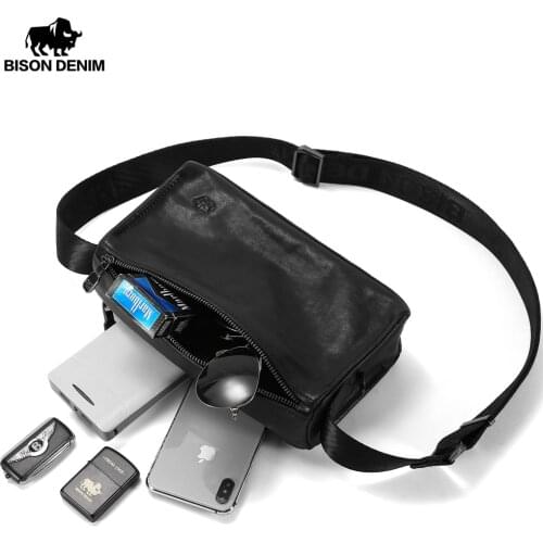 BISON DENIM Genuine Leather Men Crossbody Bag Business Small Shoulder Bags For Men Vintage Messenger Bags Bolsa Masculina N20057