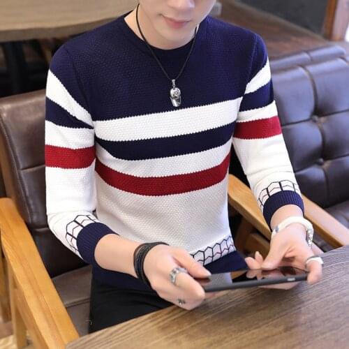 Sweater Men New Leisure Color Spring and Autumn Thin Long-sleeved Sleeve Round Collar Trimming Black Wine Red Blue Warm Sweater