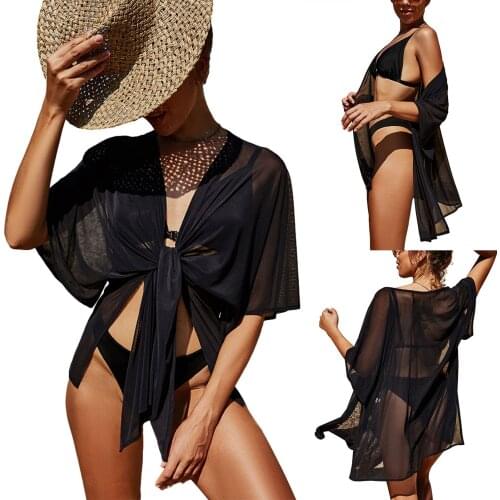 Summer Female Bikini Cover Ups, Solid Color Half Sleeve Cardigan Smock See-Through Blouse for Women 2021
