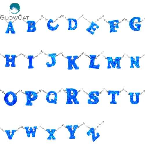 Personalized Capital Charm Synthetic Letters Blue Fire Opal Pendant Silver Plated Stainless Steel Necklace For Women 21643
