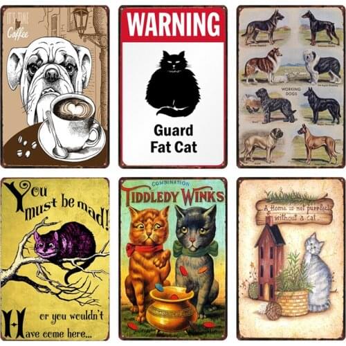 Poster Metal Pet Cat Dog Tin Sign Dog Warning Signs Vintage Attack Cat Pin Up Tin Plate Plaque Home Pet Shop Park Wall Poster