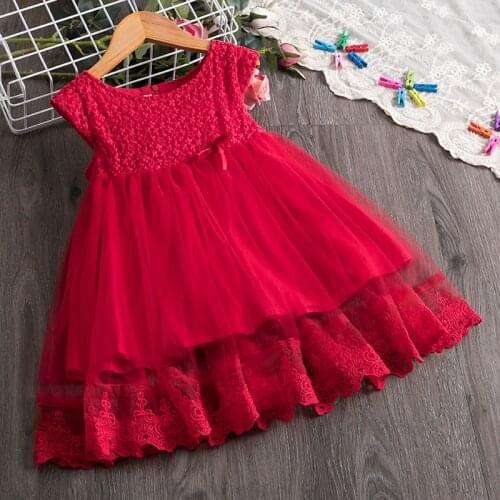 Summer Girls Flower Dress Puff Sleeve Sweet Kids Baby Girl Applique Princess Wedding Party Gown Childrens Formal Frocks 3-8Y