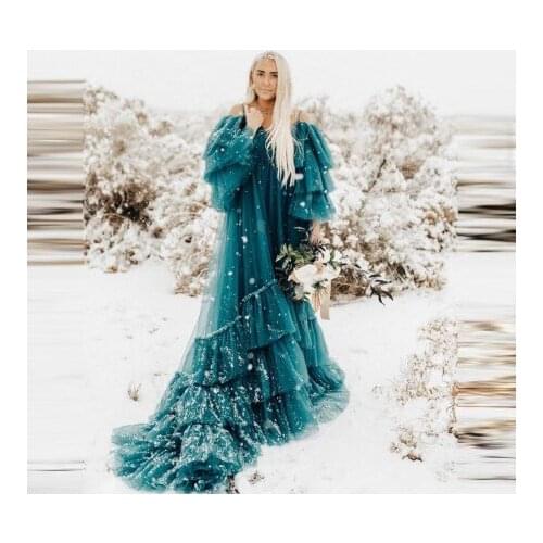 Chic Tulle Matenrity Robes Plus Size With Straps Long Train Ruffles Pleated Custom Made Photo Shoot Pregnancy Gowns