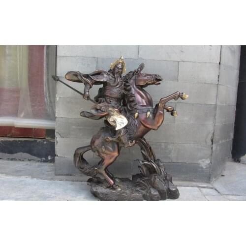 45cm China Red Copper Bronze Ride Horse army general Guan Gong Guan Yu Warrior Statue