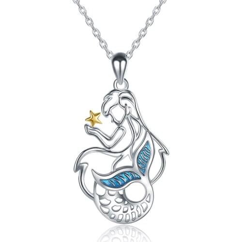 Xiaojing New 925 Sterling Silver Beautiful Mermaid Pendant Chain Enamel Gold Star Necklace for Women Fashion Jewelry Free Ship