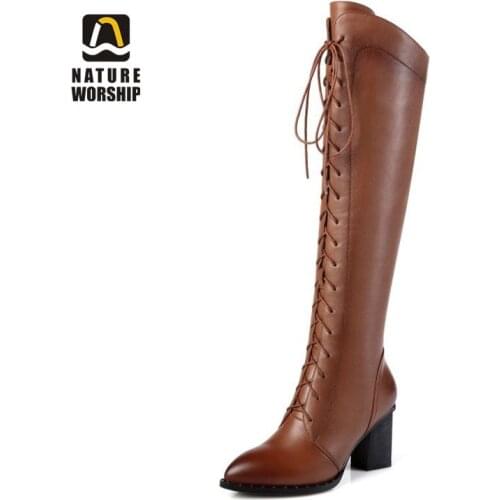 Nature Worship Fashion Women Knee-High Long Boots Plus Size Shoes Genuine Leather Zip Fleeces Plush Inside Fashion High Heels