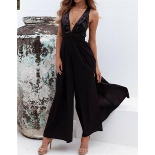 Women Deep V Neck Jumpsuit 2019 Elegant Summer Backless Pure Sequin Long Jumpsuit Daily Vacation Low Cut Playsuit Wide Leg Pants