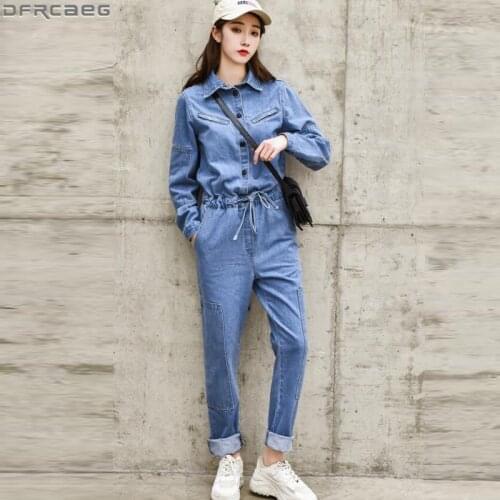 Bodycon Streetwear Women Denim Jumpsuit Elegant Drawstring Stretch High Waist Overalls Long Sleeve Bodysuit Casual Jeans Rompers
