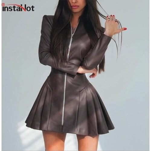InstaHot Faux Leather Women Dress Zipper Up Pleated Mini Dress Long Sleeve Autumn Elegant Streetwear Vintage Sexy Female Dresses
