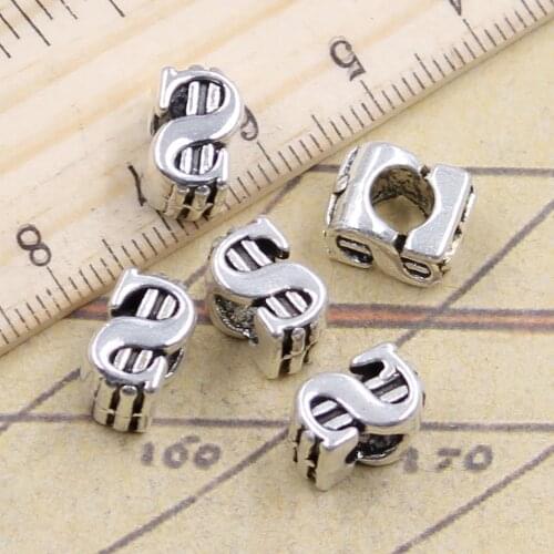 10pcs Beads USD Dollar Money 5mm Big Hole Vintage Charms European Pendant Fit For Bracelet DIY Antique Silver Color Fit Making