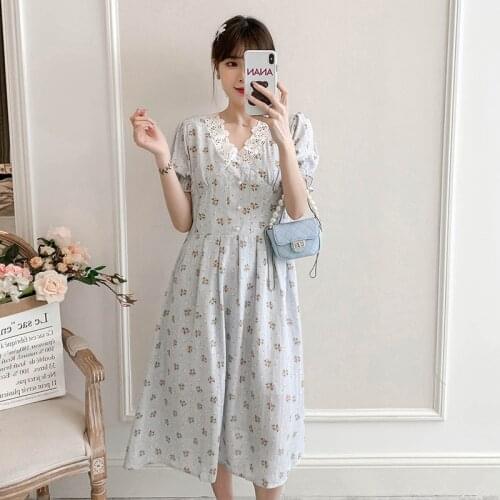 3101# Summer Korean Fashion Maternity Long Dress Sweet V Neck A Line Slim Clothes for Pregnant Women Elegant Floral Pregnancy