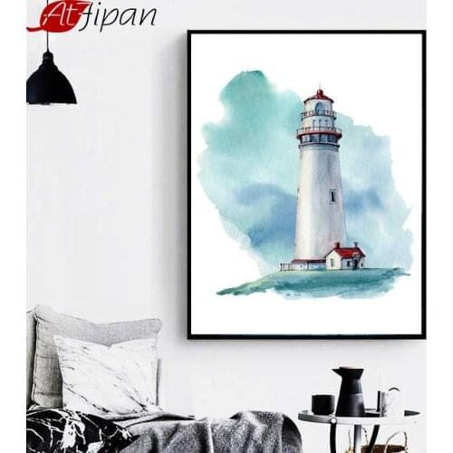 Atfipan Framed Watercolor Lighthouse Nordic Poster Canvas Nordic Painting Pictures For Living Room Home Decor Wall Artworks