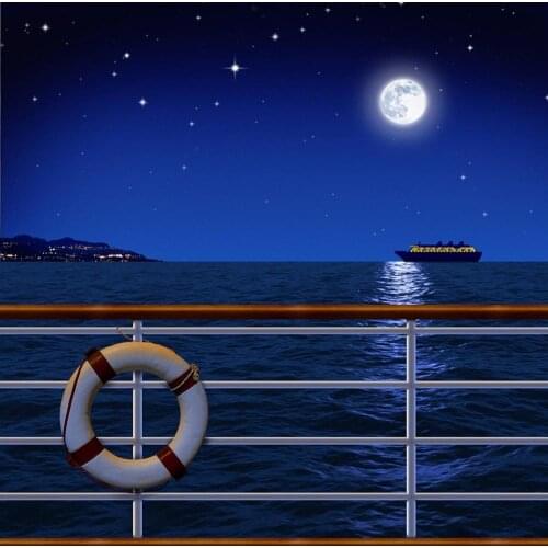 Dark Blue Night Starry Sky Full Moon Nautical Cruise Ship Deck Sea backdrops High quality Computer print scenic background