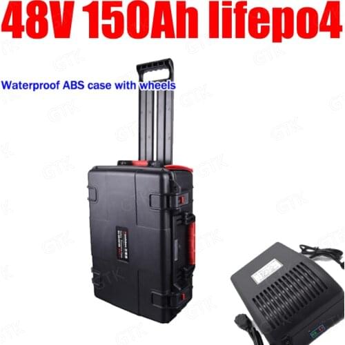 GTK waterproof 48V 150Ah Lifepo4 lithium battery BMS Wheeled trolley case for 7200W Scooter Tricycle Forklift UPS + 10A charger
