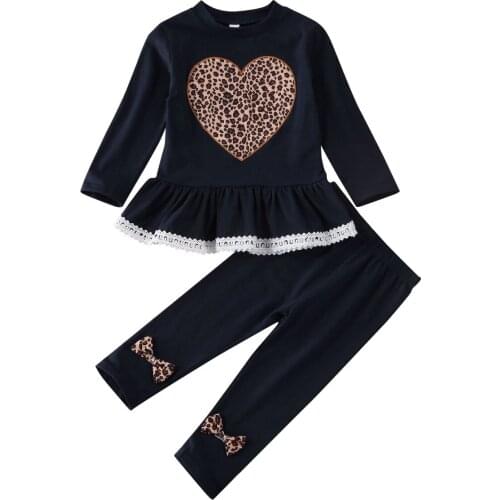 1-6Y Baby Girls Clothes Set 2021 Autumn Kids Leopard Heart Print Long Sleeve Ruffle Tops and Pants Casual Children Outfits