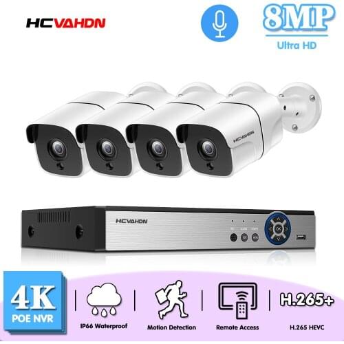 Ultra HD 4CH 4K POE NVR Kit H.265 CCTV Security System 8MP Outdoor Waterproof POE IP Camera Audio Record Video Surveillance Set