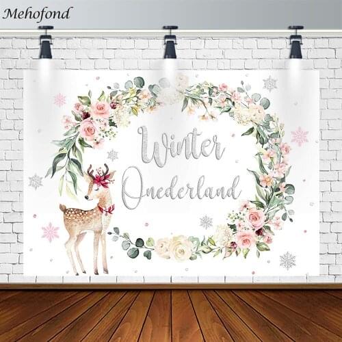 Mehofond Girl Winter Onderland Backdrop Snowflake Deer Florals Decor Photography Background Prop Photo Studio Banner Photozone