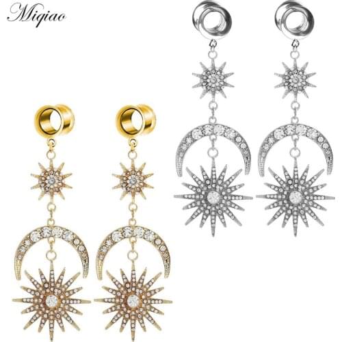 Miqiao 2pcs Explosive Stainless Steel Rhinestone Sun Moon Ear Expander Double Horn Ear Expander Exquisite Body Piercing Jewelry